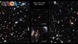 This image made available by the Space Telescope Science Institute on Thursday, Nov. 17, 2022, shows two of the farthest galaxies seen to date captured by the James Webb Space Telescope. (NASA, ESA, CSA, Tommaso Treu (UCLA), Zolt G. Levay (STScI) via AP)