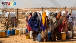 FILE - Pastoralist women and children displaced by drought collect water from a distribution point near the Farburo site for internally-displaced people in Gode, in the Somali region of Ethiopia on Jan. 27, 2018. (AP Photo/Mulugeta Ayene, File)