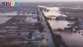 This image taken from video provided by Libya Almasar TV shows flooding in Marj, Libya, Monday, Sept. 11, 2023. (Libya Almasar TV via AP)