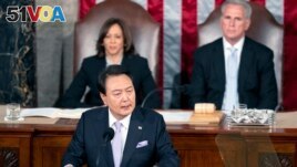 South Korea's President Yoon Suk Yeol addresses a joint meeting of Congress, Thursday, April 27, 2023, in Washington. (AP Photo/Alex Brandon)
