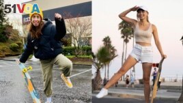 These photos shows Hannah Dooling posing outside Daddies Board Shop in Portland, Ore., in December 2021, left, and Yun Huang posing with her longboard in Santa Monica on Aug. 31, 2022. (Devon Hubner, via AP, left, and Laura Paragano via AP)