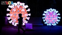 FILE - A visitor walks past a coronavirus (COVID-19) model as he visits the Mini-Worlds on the Way of Illumination exhibition at the Jardin des Plantes in Paris, France, November 12, 2022. (REUTERS/Gonzalo Fuentes) 