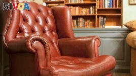Pictured here is an traditional style armchair in front of some bookshelves.