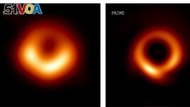 This combination of images provided by researcher Lia Medeiros shows images of the M87 black hole released in 2019, left, and an updated one for 2023. (Lia Medeiros via AP)