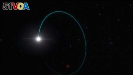 An artist's impression shows the orbits of the most massive stellar black hole in our galaxy, dubbed Gaia BH3and a companion star, in this handout image obtained by Reuters on April 16, 2024.
