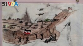A drawing by Mykola Kostenko is part of the War Diaries exhibition, showcasing the personal diaries of Ukrainian children who have witnessed the war, hosted by the Amsterdam city hall , Netherlands, Thursday, Aug. 17, 2023. (AP Photo/Peter Dejong)