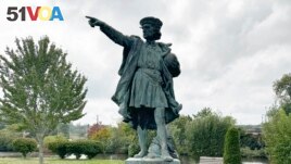 In this photo provided by Johnston, R.I., Mayor Joseph Polisena, Jr., a statue of Christopher Columbus stands in a park Tuesday, Sept. 26, 2023, in Johnston, Rhode Island. (Johnston Mayor Joseph Polisena, Jr. via AP)