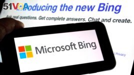 In this file photo, Microsoft's Bing logo and the website's page are shown in this photo taken in New York on Tuesday, Feb. 7, 2023. (AP Photo/Richard Drew, File)