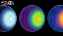 FILE - NASA scientists uses microwave observations to spot the first polar cyclone on Uranus, seen here as a light-colored dot to the right of center in each image of the planet, in this handout image released on May 25, 2023. (NASA/JPL-Caltech/VLA/Handout via REUTERS)