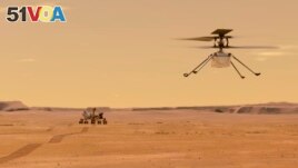This illustration, made available by NASA, depicts the Ingenuity helicopter on Mars after launching from the Perseverance rover, shown in the background left. (NASA/JPL-Caltech via AP)