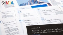 FILE - Pages from a Carlyle Group 2021 report on its financial risk from greenhouse gas emissions are photographed Tuesday, Sept. 20, 2022. Documents and contracts often contain what is called boilerplate language. (AP Photo/Jon Elswick)