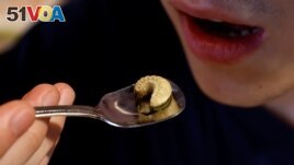 Shunnosuke Suga eats beetle larvae, as he eats Almond tofu with beetle larvae at Take-Noko cafe in Tokyo, Japan, July 21, 2023. (REUTERS/Kim Kyung-Hoon)