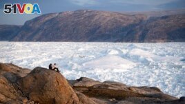 FILE - In this Aug. 16, 2019, photo, student researchers sit on top of a rock overlooking the Helheim glacier in Greenland. 