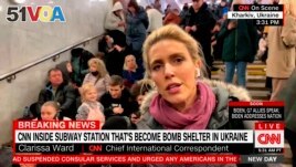 This image taken from video provided by CNN shows Chief International Correspondent Clarissa Ward reporting from inside a subway station in Kharkiv, Ukraine. (CNN via AP)