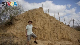 American botanist Roy Funch poses next to a giant termite mound near Barauna, Brazil, Friday, Nov. 23, 2018.