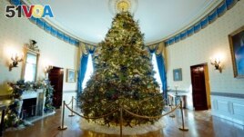 The White House Christmas Tree is on display in the Blue Room of the White House during a press preview of holiday decorations at the White House, Monday, Nov. 28, 2022, in Washington. (AP Photo/Patrick Semansky)