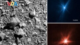 FILE - This combination of images provided by NASA shows three different views of the DART spacecraft's impact on the asteroid Dimorphos on Monday, Sept. 26, 2022. (NASA via AP)