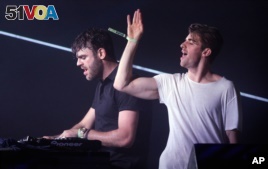 FILE - Andrew Taggart, right, and Alex Pall with the The Chainsmokers performs at the Bonnaroo Music and Arts Festival.