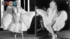 In this combination of photos, Ana de Armas as Marilyn Monroe in a scene from Blonde, left, and Marilyn Monroe posing on the set of The Seven Year Itch in New York on Sept. 9, 1954. (Netflix via AP , left, AP Photo/Matty Zimmerman)