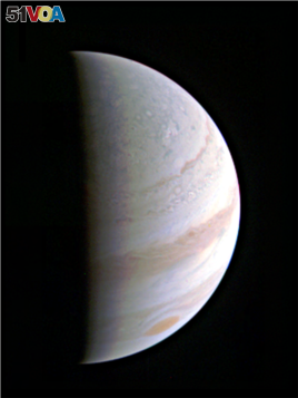 Jupiter as seen from NASA's Juno spacecraft as it approaches the giant planet.