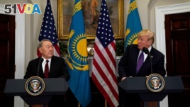 U.S. President Donald Trump and Kazakhstan President Nursultan Nazarbayev speak in the Roosevelt Room of the White House in Washington, U.S., Jan. 16, 2018.