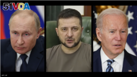 (From left to right) Russian President Vladimir Putin, Ukrainian President Volodymyr Zelenskyy and U.S. President Joe Biden. 