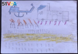 A drawing by a Rohingya boy, Abdullah, reveals the horrific experiences he endured while fleeing from Myanmar to Bangladesh, at a child-friendly space at the Balukhali makeshift refugee camp in Cox's Bazar district in Bangladesh, Oct. 2, 2017.