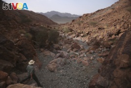 In this March 6, 2017 photo, Peter Kelemen, 61, Oman Drilling Project lead, walks down a valley through a rare exposure of the Earth's mantle, in the al-Hajjar Mountains of Oman.