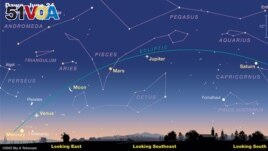 This graphic image shows the positions of the five major planets in our solar system. The planets are lining up in a rare formation that is expected to be visible in the sky through the rest of June. (Image Credit: Sky & Telescope graphics)
