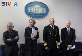 From left, Director of the National Institute of Allergy and Infectious Diseases Dr. Anthony Fauci, White House coronavirus response coordinator Dr. Deborah Birx, Surgeon General Jerome Adams, and FDA Commissioner Dr. Stephen Hahn.