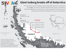 Map showing the rift in the Larsen C ice shelf that led to the calving of an iceberg on the Antarctic Peninsula.