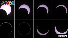 A combination of pictures shows the beginning to the end (top L to bottom R) of an annular solar eclipse seen from a beach of the French Indian Ocean island of La Reunion, September 1, 2016. REUTERS/Gilles Adt 
