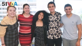 The 2018 National Student Poets. From left: Heather Laurel Jensen, Alaxandra Contreras-Montesano, Ariana Smith, Daniel Blokh, and Darius Atefat-Peckham.