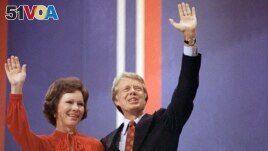 FILE - In this July 15, 1976 file photo Jimmy Carter with Wife Rosalynn Carter at the National Convention in Madison Square Garden in New York. Jimmy Carter and his wife Rosalynn celebrate their 75th anniversary this week on July 7, 2021. (AP Photo)