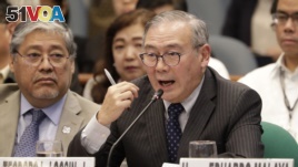 Philippine Secretary of Foreign Affairs Teodoro Locsin Jr. gestures during a senate hearing in Manila, Philippines on Thursday, Feb. 6, 2020.