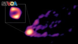 This image shows the jet and shadow of the black hole at the center of the M87 galaxy together for the first time. (NRAO/AUI/NSF/Handout via REUTERS)