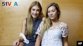 Maddie Marlow, left, and Tae Dye, of Maddie & Tae, pose for a portrait at Love Shack Studio in Nashvile, Tennessee, Aug. 27, 2015. 