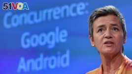 European Union Competition Commissioner Margrethe Vestager announces a record $5 billion fines against Google at the EU headquarters in Brussels on July 18, 2018. (AFP PHOTO / JOHN THYS)
