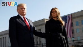 U.S. President Donald Trump and first lady Melania Trump attend the 9/11 observance at the National 9/11 Pentagon Memorial in Arlington, Virginia, Sept.11, 2017. 