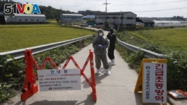 Quarantine officials wear protective gear as a precaution against African swine fever at a pig farm in Paju, South Korea, Sept. 17, 2019. The notice reads: 