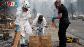 Forensic anthropologists Kyra Stull and Tatiana Vlemincq work with San Mateo County Deputy Coroner Elizabeth Ortiz to recover human remains from a trailer home destroyed by the Camp Fire in Paradise, California, U.S., November 17, 2018.