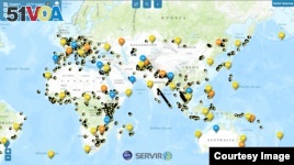 SERVIR map showing locations of sattellite images around the globe. 