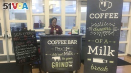 This Feb. 22, 2018 photo shows a coffee stand at Cypress Creek High School in Orlando, Fla. The school did not receive grants for the coffee bars, but the local dairy council provided signs and menu. (Orange County Public Schools via AP)