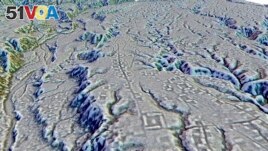 This LIDAR image provided by researchers in January 2024 shows complexes of rectangular platforms arranged around low squares and distributed along wide dug streets at the Kunguints site, Upano Valley in Ecuador. (Antoine Dorison, St<I>&#</I>233;phen Rostain via AP)