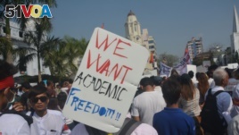 FILE - Student activists called for higher education reforms during a protest in downtown Yangon, Myanmar, Feb. 2015.