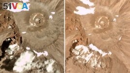 This combination of satellite images provided by Planet Labs Inc. shows glaciers at Mt. Kilimanjaro in Tanzania in 2016, left and 2021. 