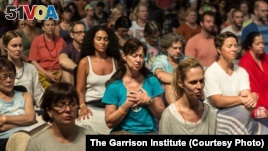 Teachers take part in a group meditation during the CARE for Teachers program. The program takes place at The Garrison Institute, located about 100 kilometers north of New York City. 