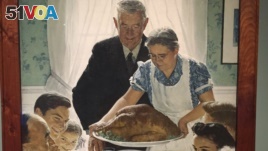 Norman Rockwell's Freedom of Worship shows a family's Thanksgiving dinner, The title of the painting suggests a vision for a world without discrimination based on religious practice or belief. (J.Taboh/VOA)