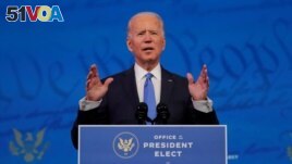 FILE - U.S. President-elect Joe Biden delivers a televised address to the nation on December 14, 2020, after the U.S. Electoral College formally confirmed his victory in the 2020 U.S. presidential election. (REUTERS/Mike Segar)
