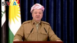 A still image taken from a video shows Kurdish President Masoud Barzani giving a televised speech in Erbil, Iraq, Oct. 29, 2017. 